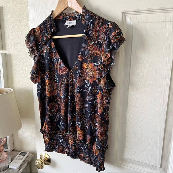 Evereve Tinslee Floral Blouse Smocked Mesh Top Sz Medium - Picture 6 of 14